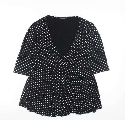 Boohoo Women’s Black Polka Dot Wrap Blouse Size 12 3/4 Sleeve