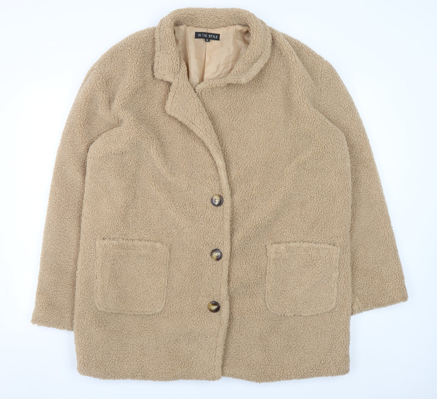 In The Style Women Beige Faux Fur Teddy Coat Size 14 Button Up Lined