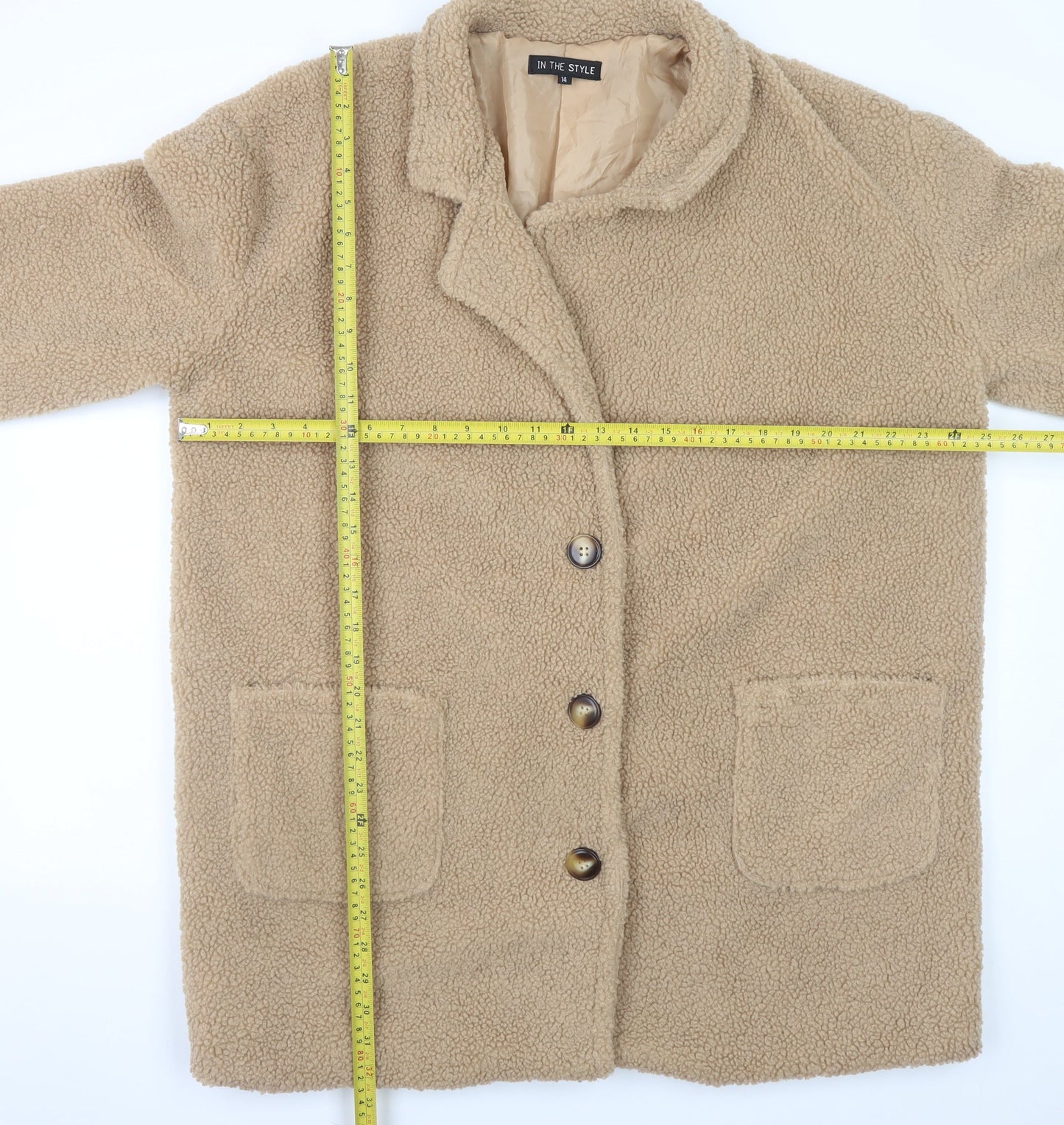 In The Style Women Beige Faux Fur Teddy Coat Size 14 Button Up Lined