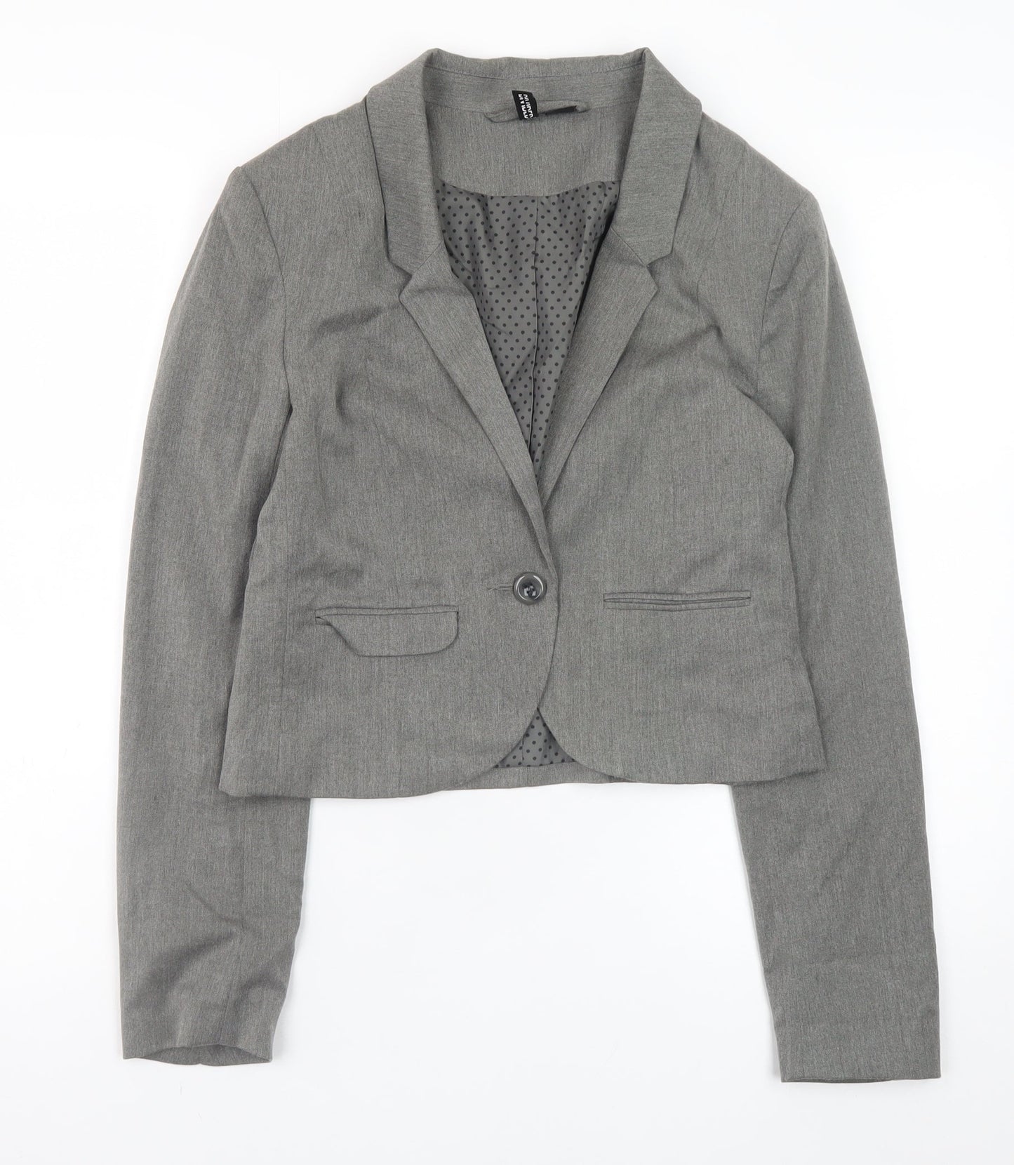 H&M Women Grey Cropped Blazer Jacket Size 10 Lined Single-Breasted