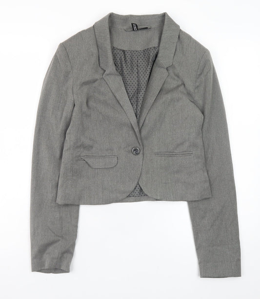 H&M Women Grey Cropped Blazer Jacket Size 10 Lined Single-Breasted