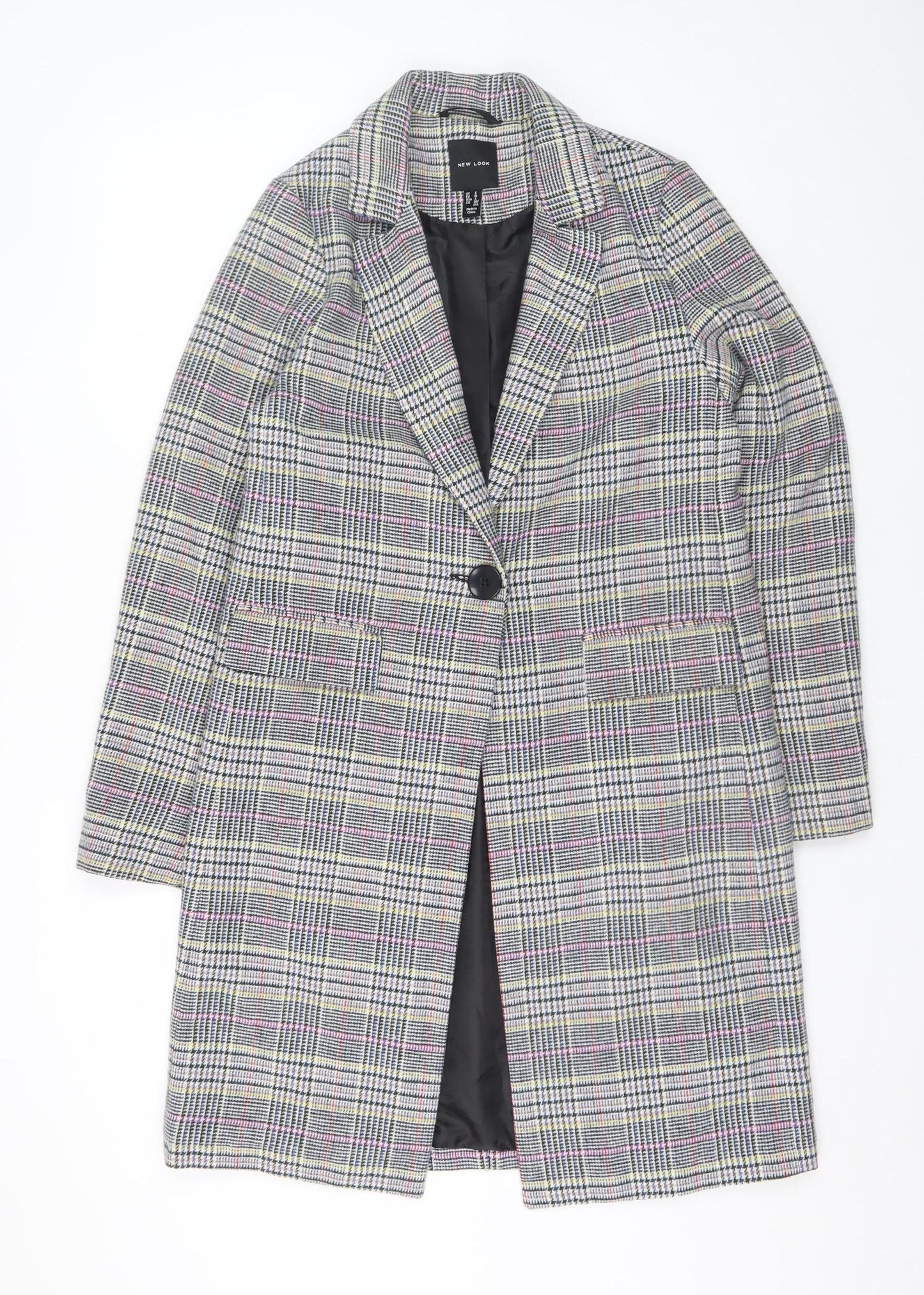 New Look Women Grey Checked Mid-Length Overcoat UK 8 Lined Blazer Style