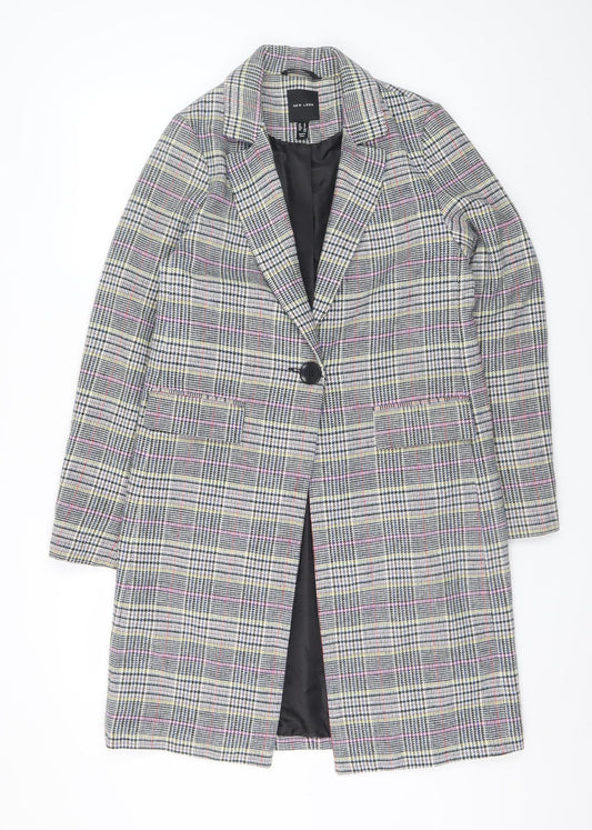 New Look Women Grey Checked Mid-Length Overcoat UK 8 Lined Blazer Style