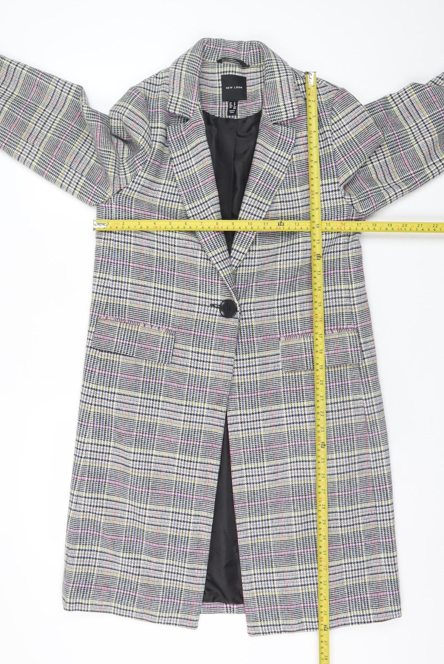 New Look Women Grey Checked Mid-Length Overcoat UK 8 Lined Blazer Style