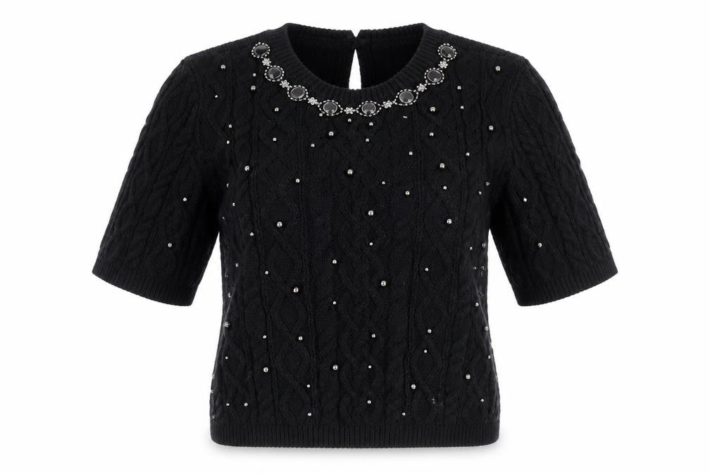 Marks & Spencer Women's Black Beaded Cable Knit Short Sleeve Jumper Size S