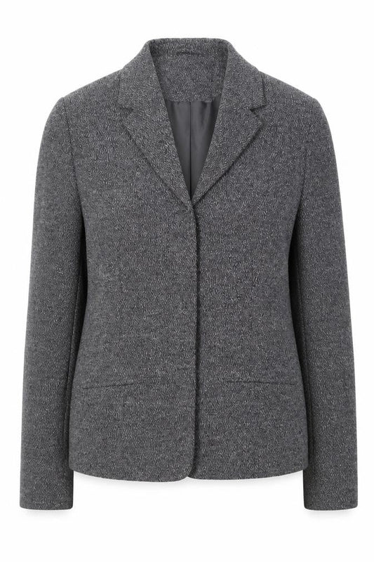 Front view of Principles Petite Women’s Grey Tweed Blazer Jacket, size UK 8