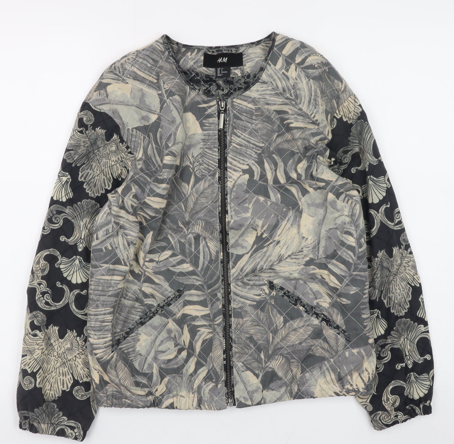 H&M Womens Grey Floral Quilted Bomber Jacket Size 6