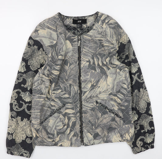 H&M Womens Grey Floral Quilted Bomber Jacket Size 6