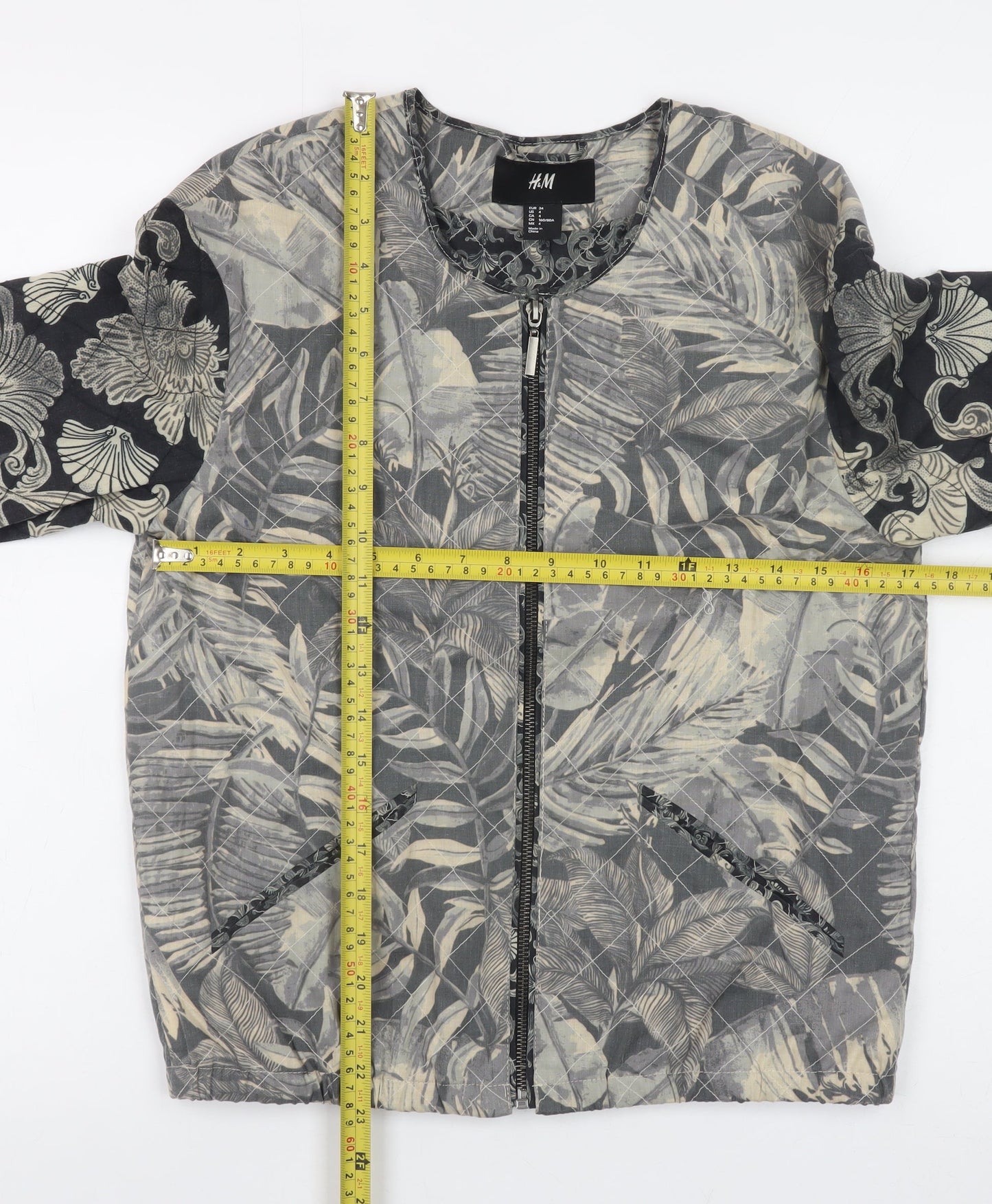 H&M Womens Grey Floral Quilted Bomber Jacket Size 6
