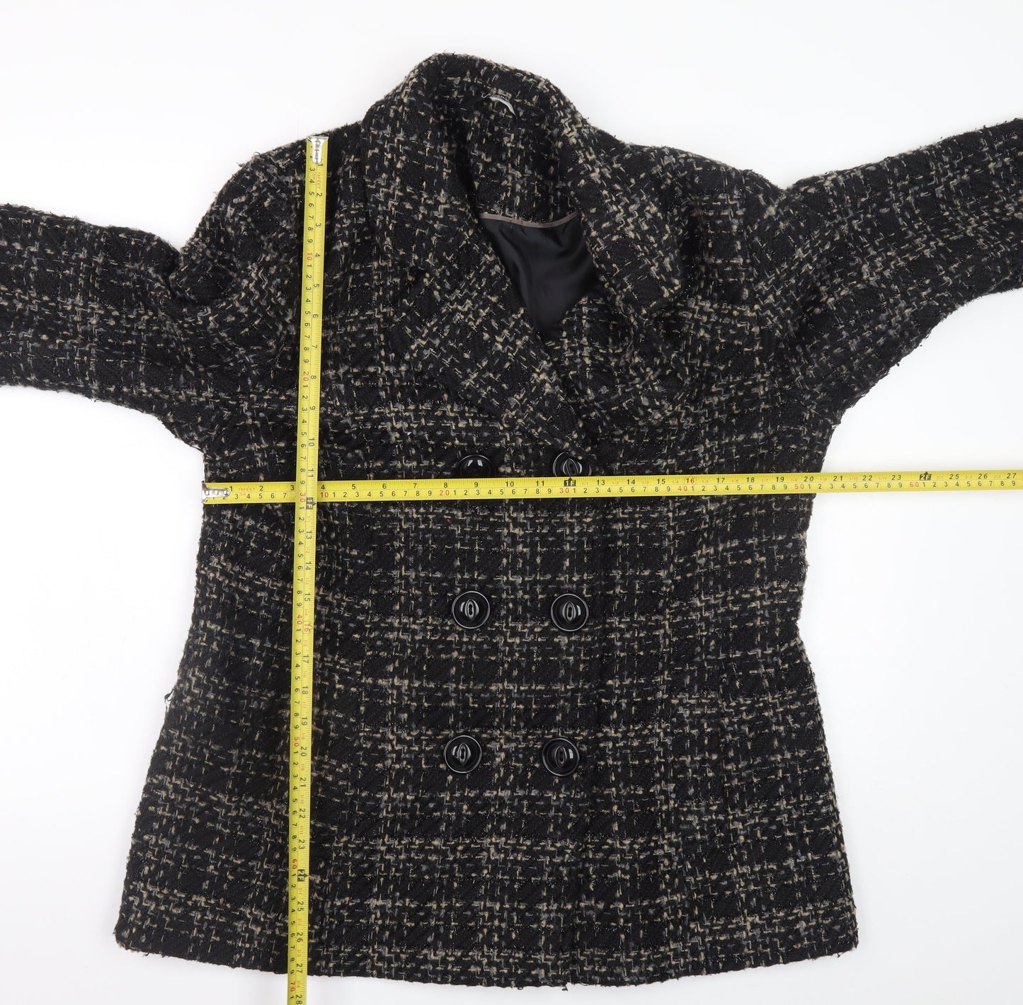 Bm Collection Women's Black Wool Blend Tweed Pea Coat Size 16