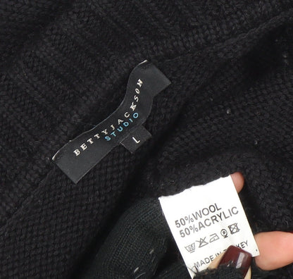 Brand and care label for Betty Jackson Studio women’s black wool blend collared cardigan l