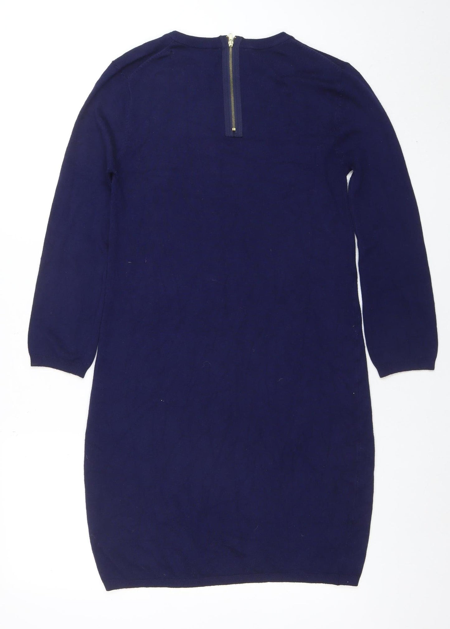 Zara Knit Women Blue Knee Length Sweater Dress M 3/4 Sleeve Zip Back