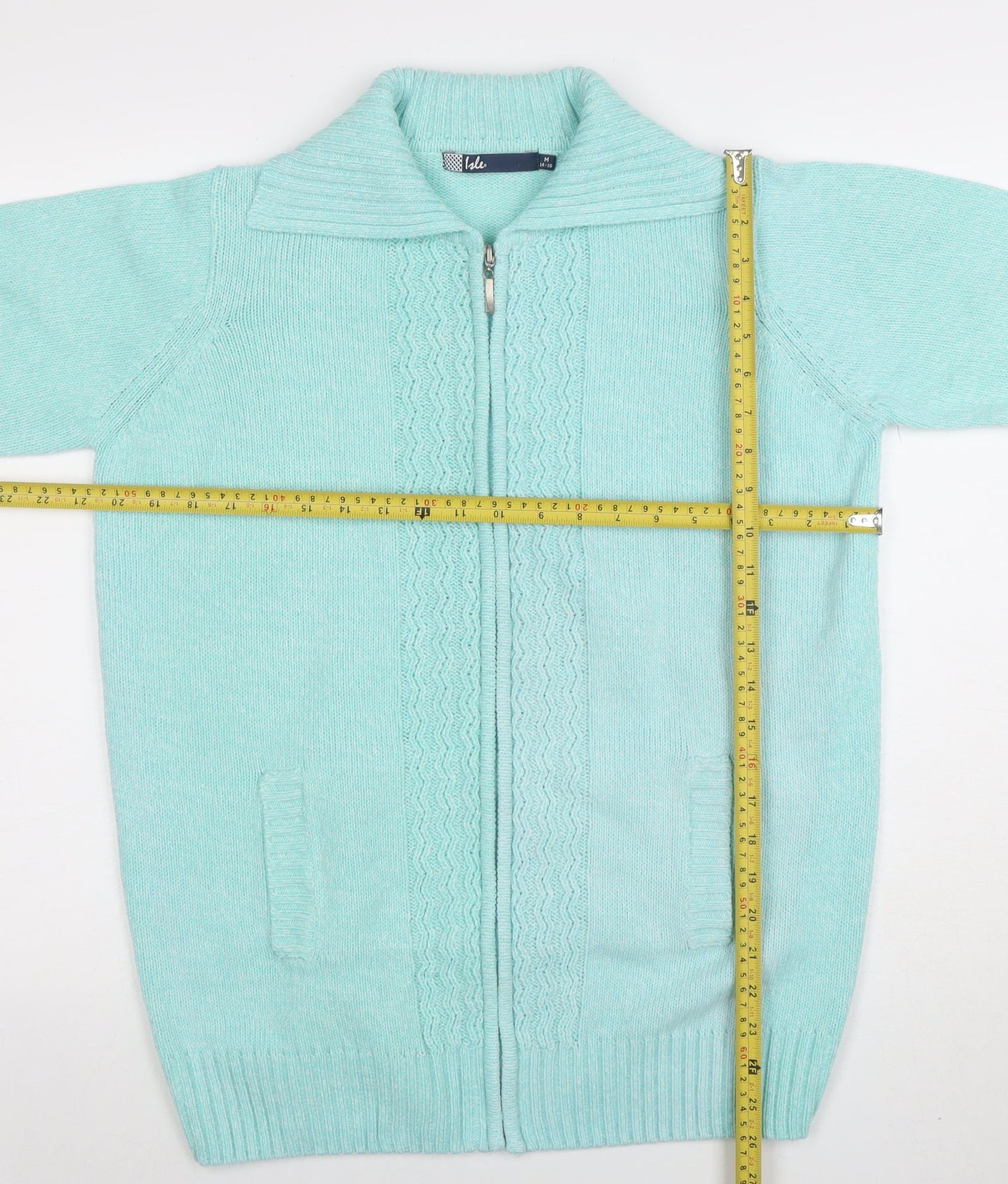 Isle Women Green M Full Zip Collared Long Sleeve Knit Jumper