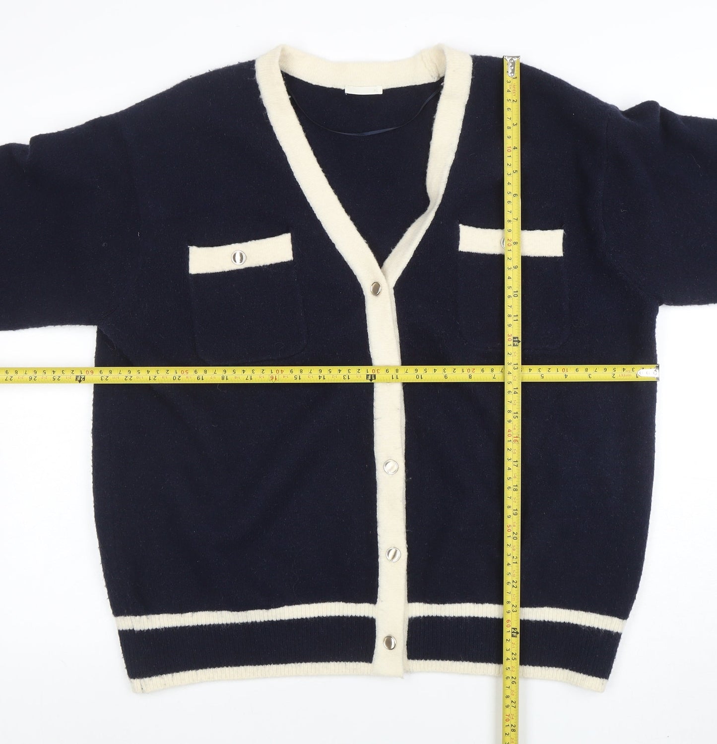 GU Women’s Blue and Cream Cardigan XL V-Neck Knit Jumper