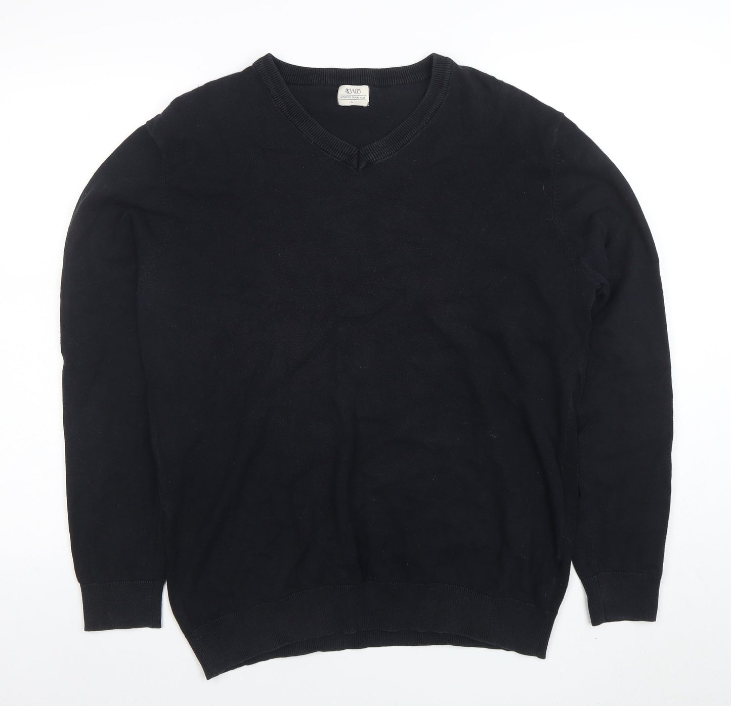 AW85 Men’s Black Cotton V-Neck Jumper Size L Casual Knitwear