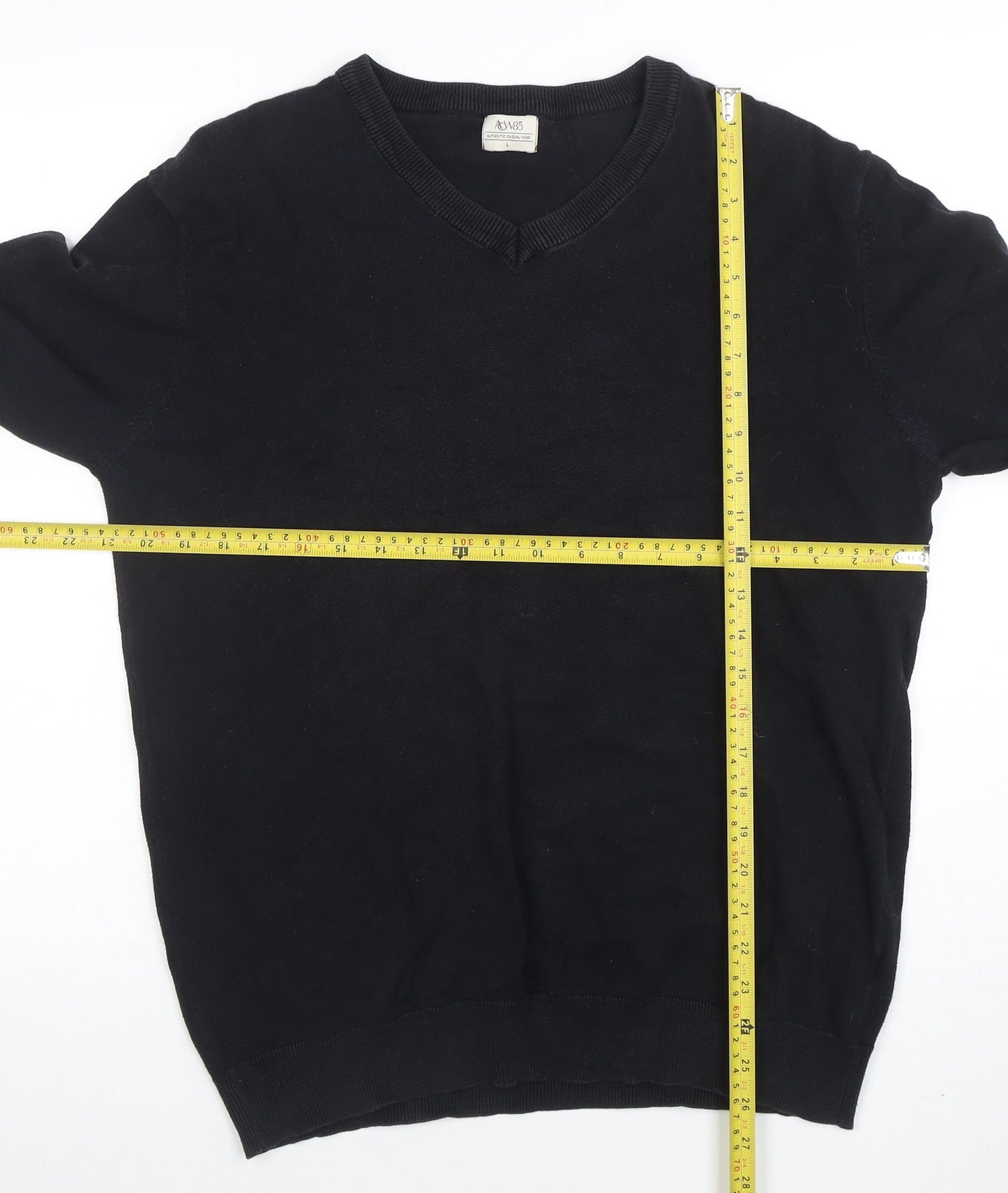 AW85 Men’s Black Cotton V-Neck Jumper Size L Casual Knitwear
