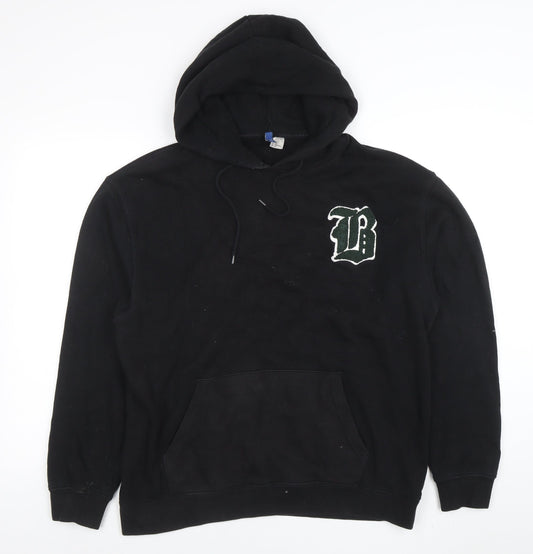 H&M Divided Mens Black Pullover Hoodie M Embroidered Logo
