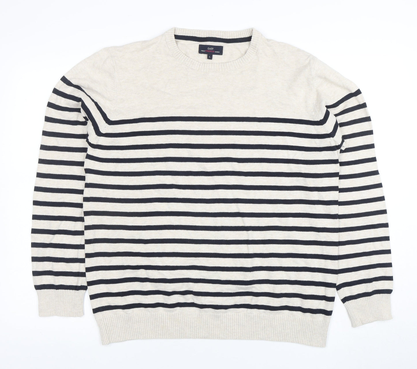 EASY Men’s Beige Striped Cotton Crew Neck Pullover Jumper L