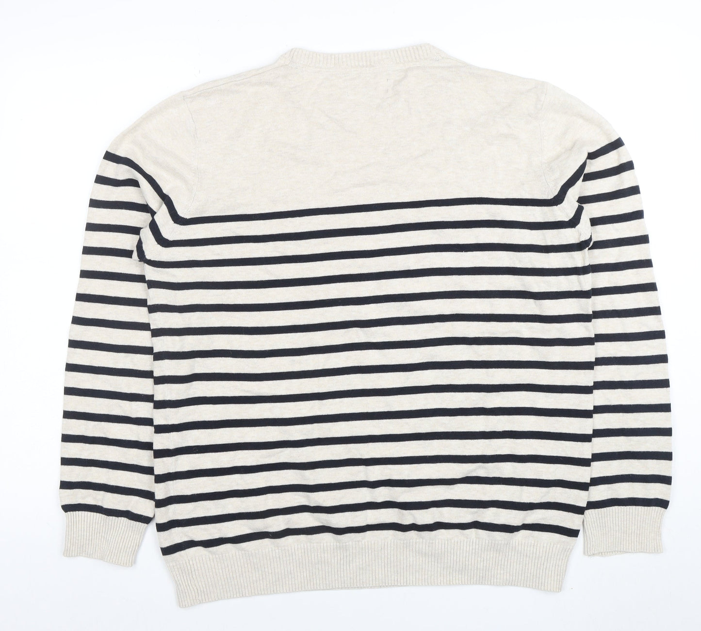 EASY Men’s Beige Striped Cotton Crew Neck Pullover Jumper L