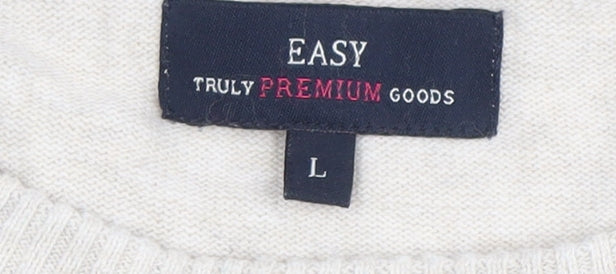 EASY Men’s Beige Striped Cotton Crew Neck Pullover Jumper L