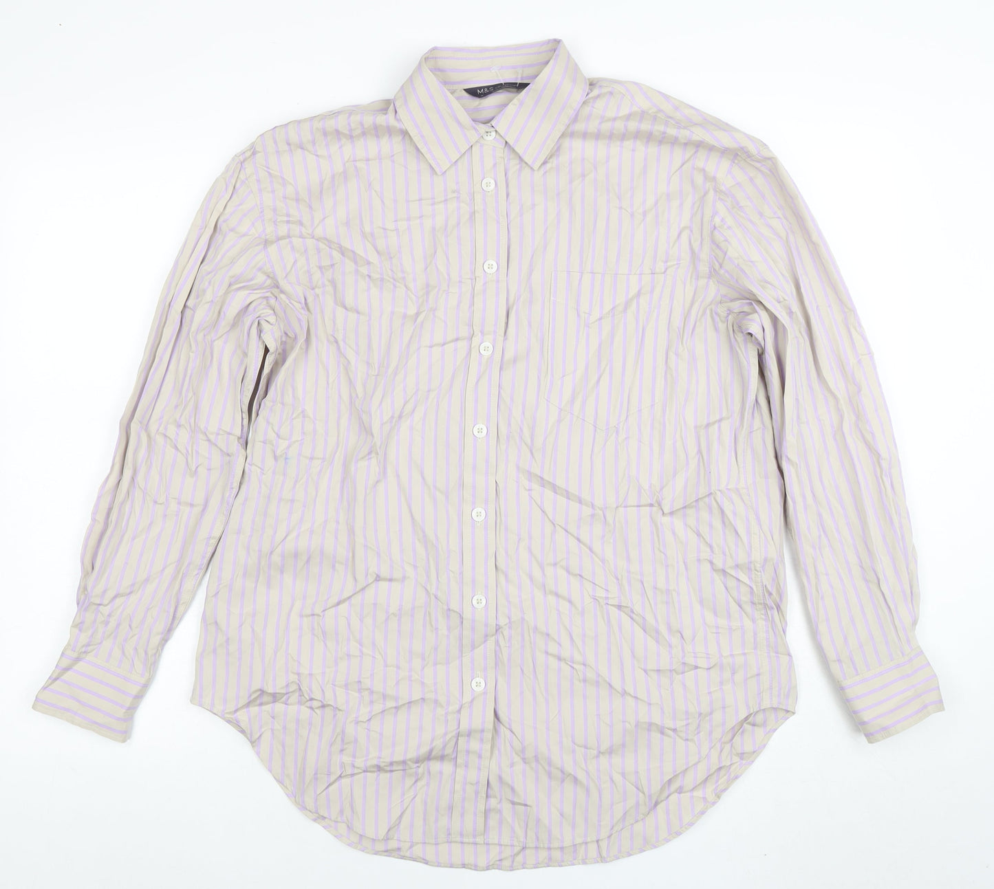 Marks and Spencer Women’s Beige Purple Striped Cotton Button-Up Shirt Size 10