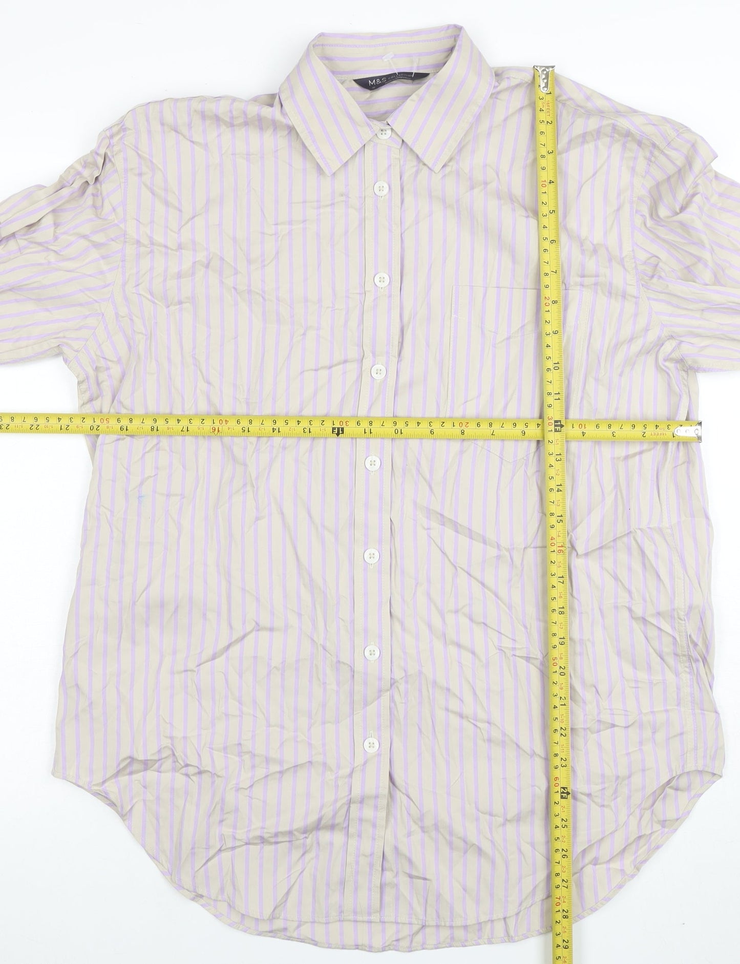 Marks and Spencer Women’s Beige Purple Striped Cotton Button-Up Shirt Size 10