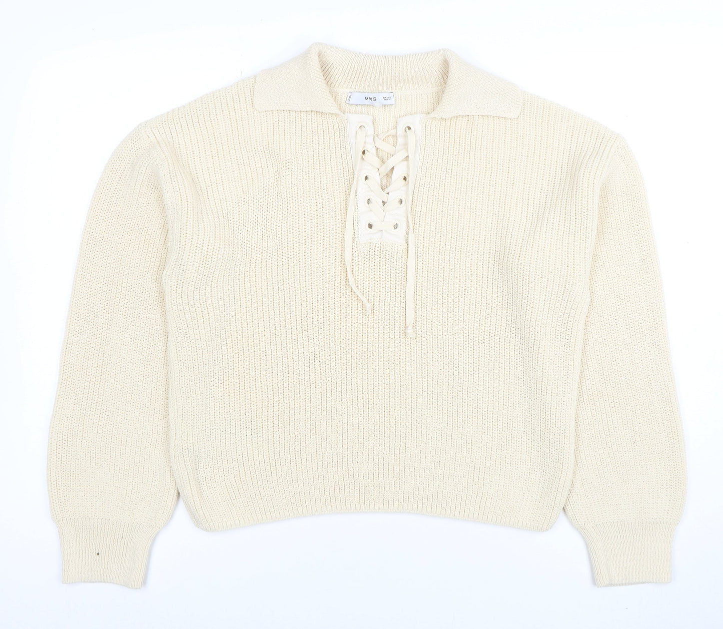 MNG Womens Ivory Collared Lace-Up Henley Knit Jumper Size L