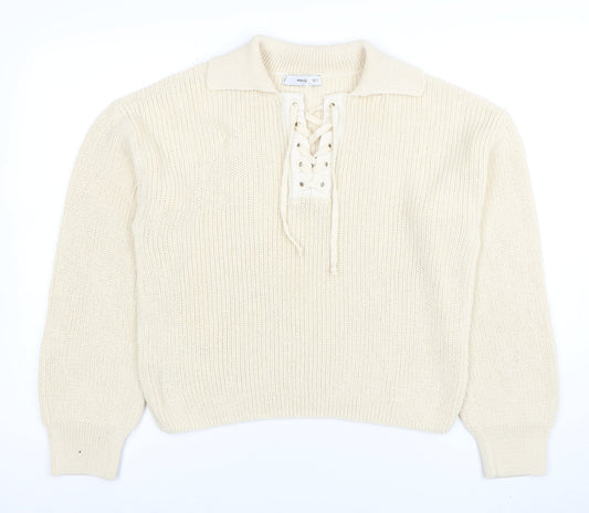 MNG Womens Ivory Collared Lace-Up Henley Knit Jumper Size L