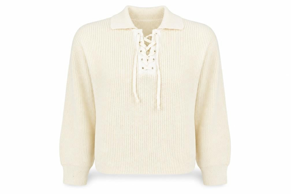 Mango Womens Ivory Collared Lace-Up Henley Knit Jumper Size L