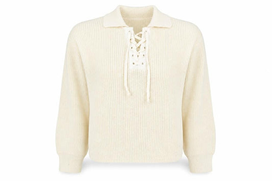 Mango Womens Ivory Collared Lace-Up Henley Knit Jumper Size L