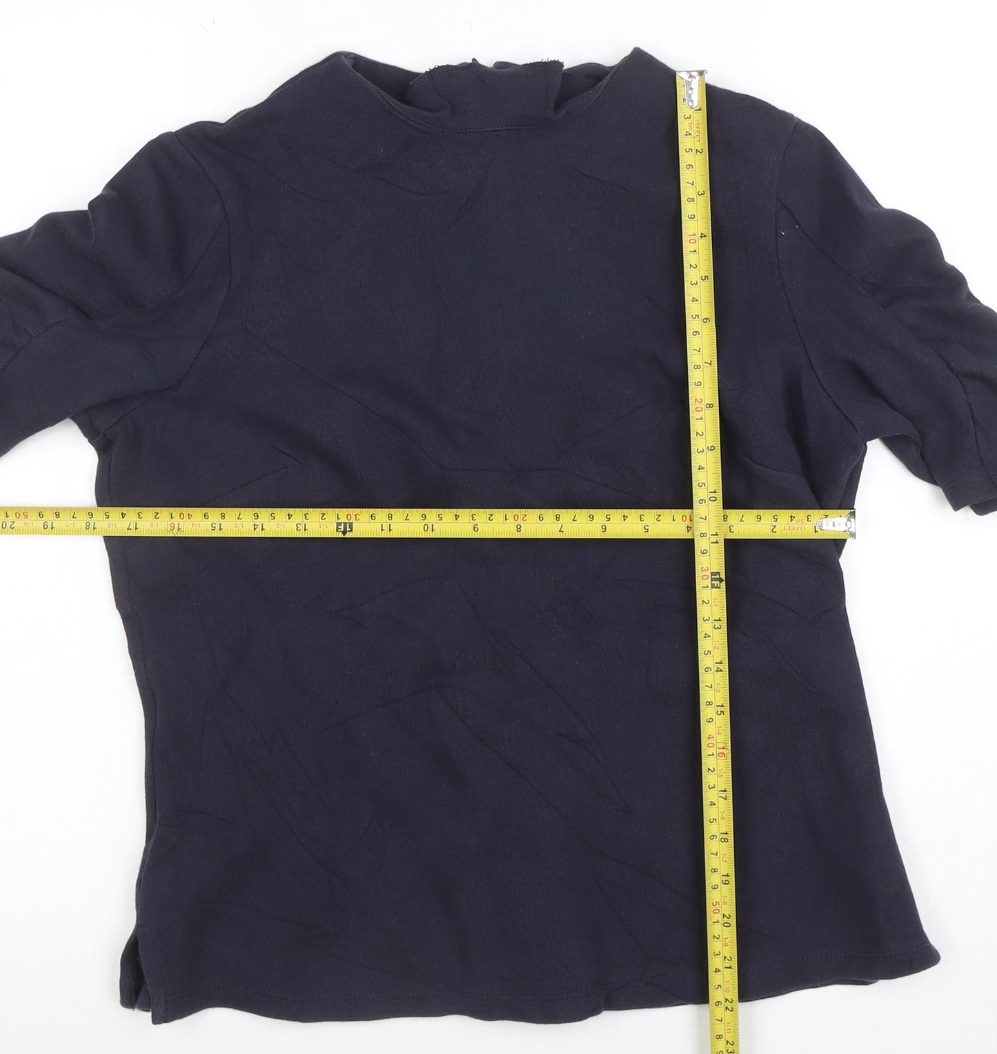 Marks and Spencer Women’s Navy Blue Cotton Blend Short Sleeve High Neck Blouse UK 14