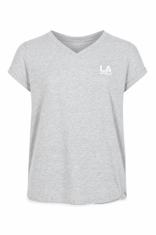 Front view of LA Gear girls’ grey v-neck short sleeve basic t-shirt 11-12 years