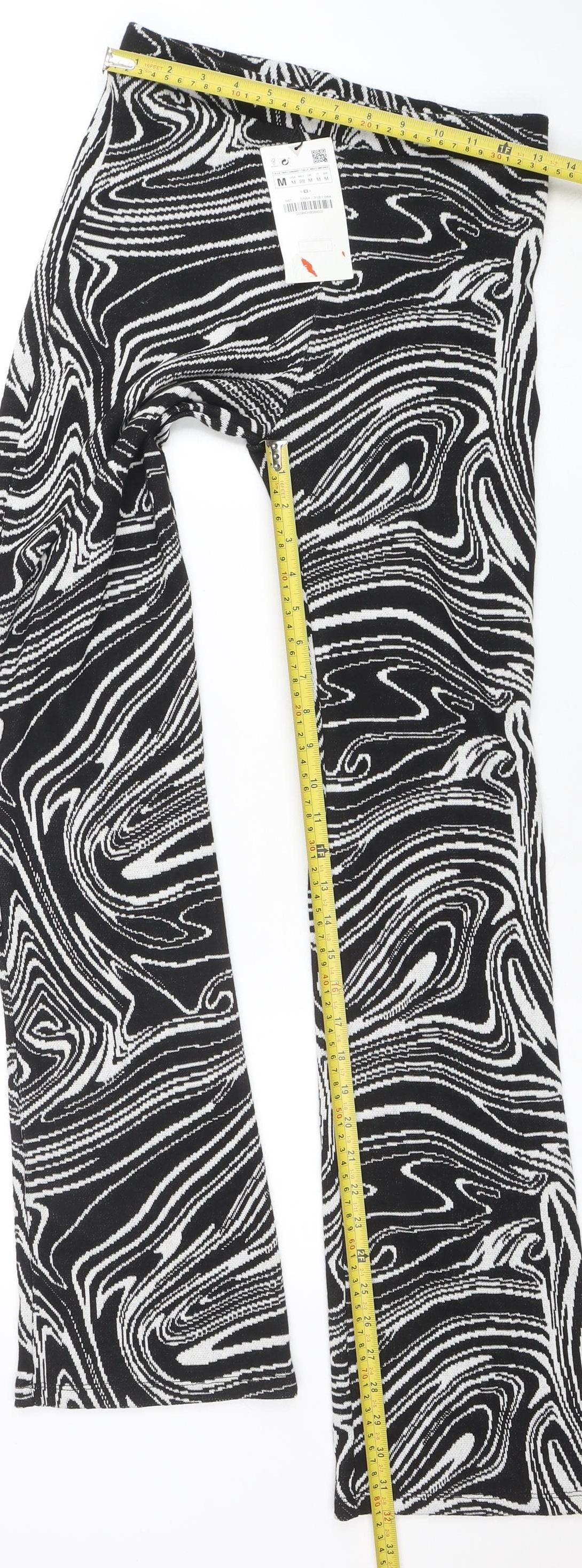 ZARA Womens Black White Geometric Flared Knit Trousers Size M