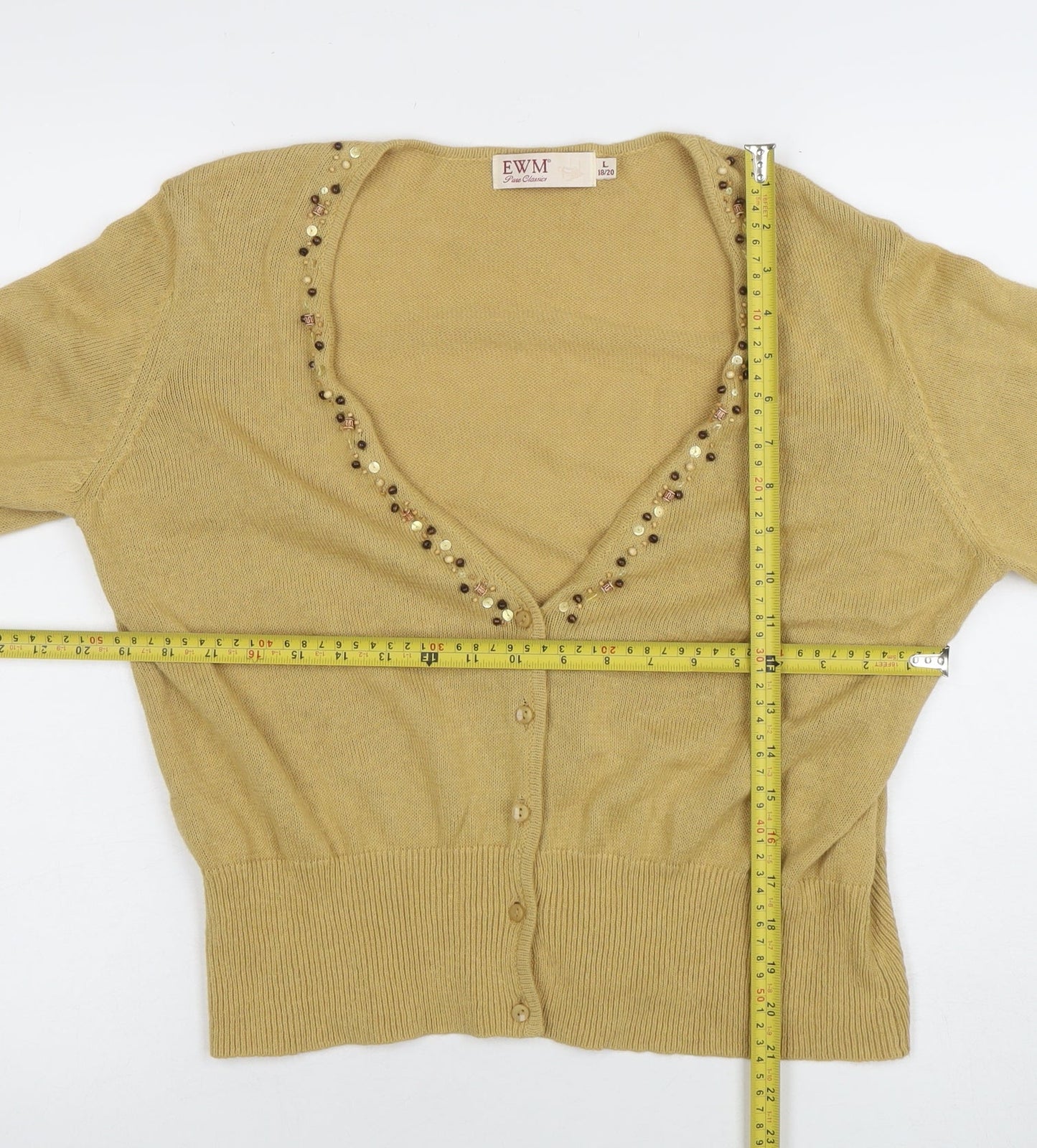 EWM Women's Beige Beaded V-Neck Cardigan Size 18/20