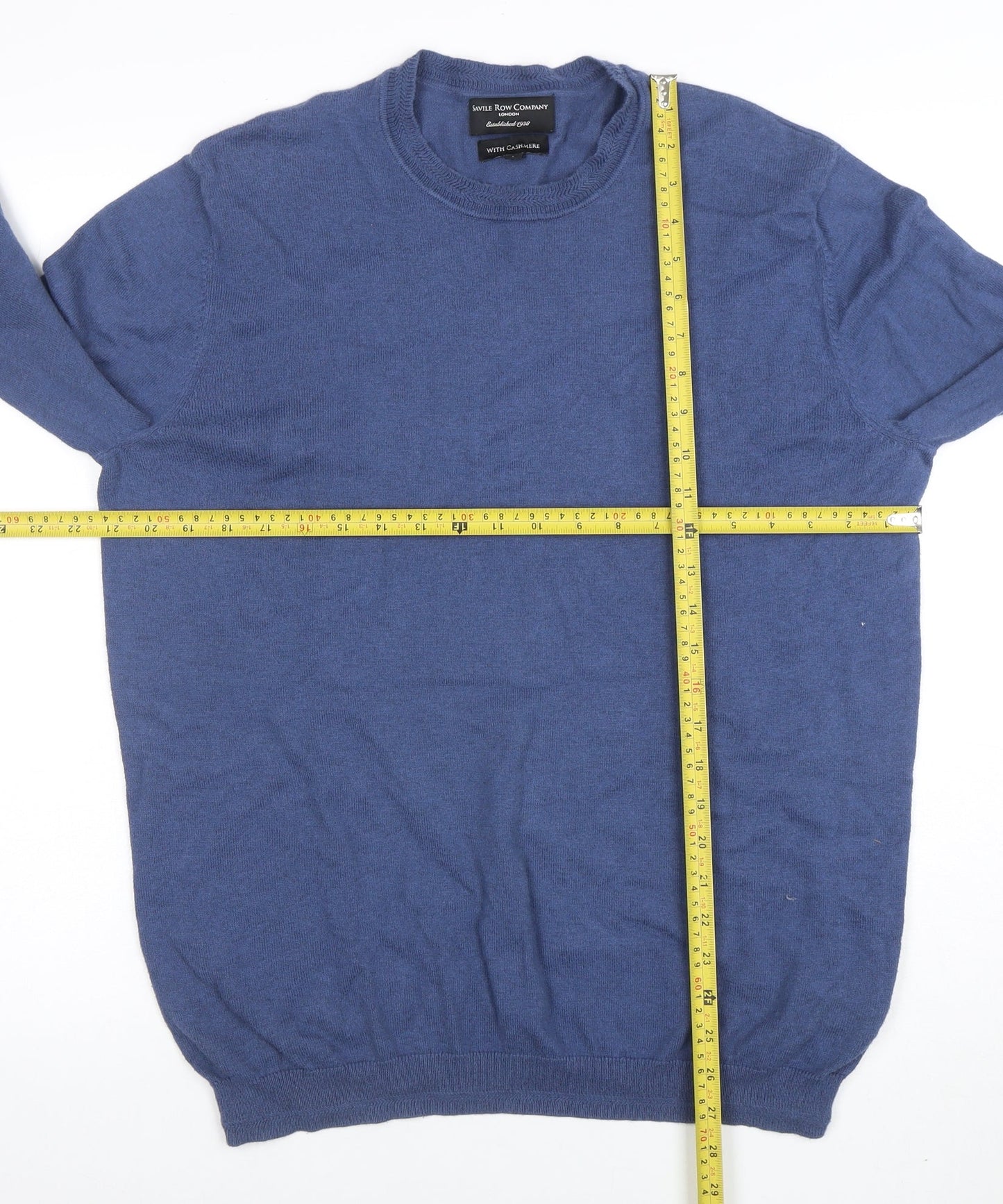 Savile Row Company Men’s Blue Cotton Cashmere Crew Neck Jumper L