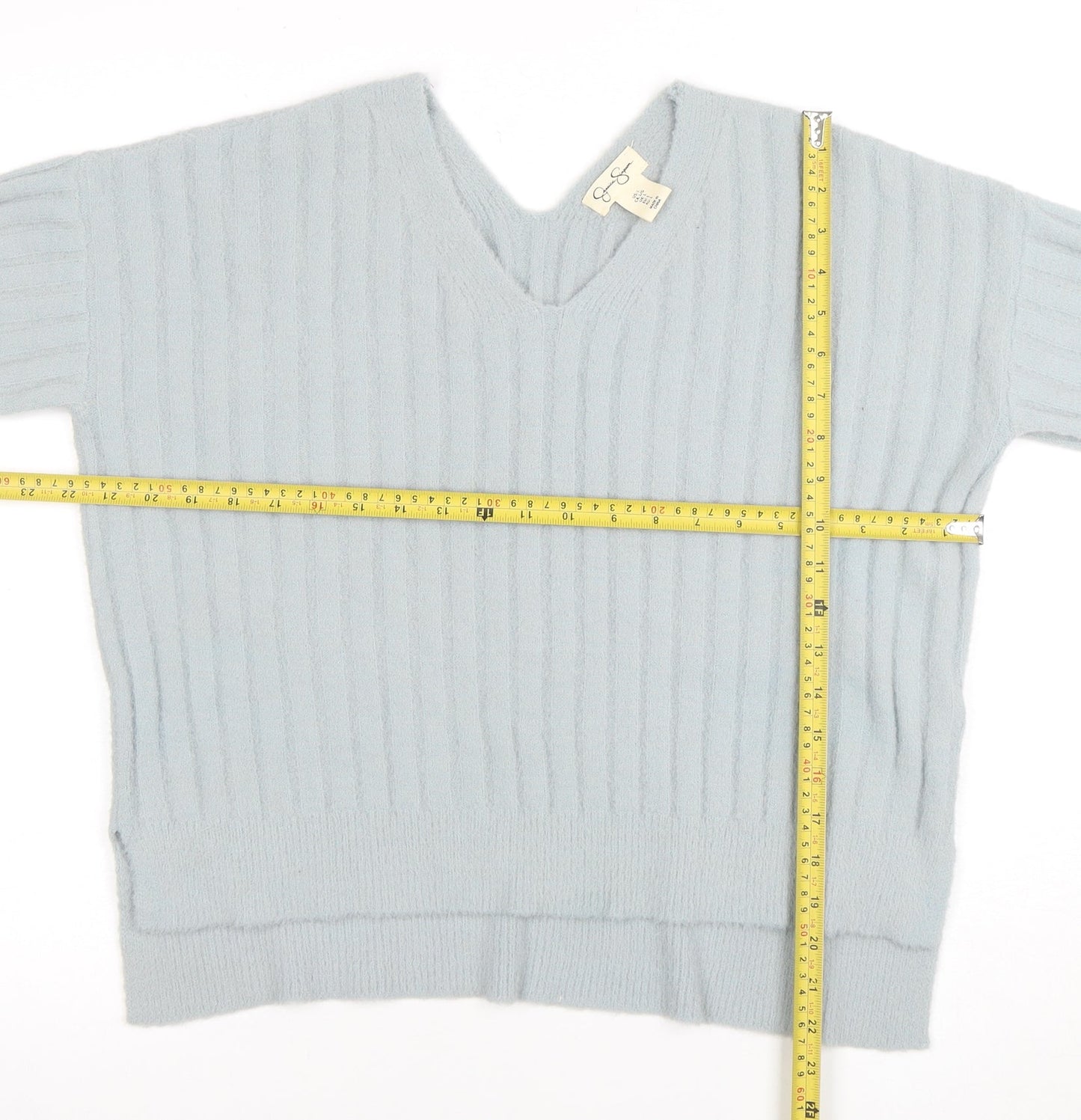 Jessica Simpson Women Blue V-Neck Ribbed Pullover Jumper L