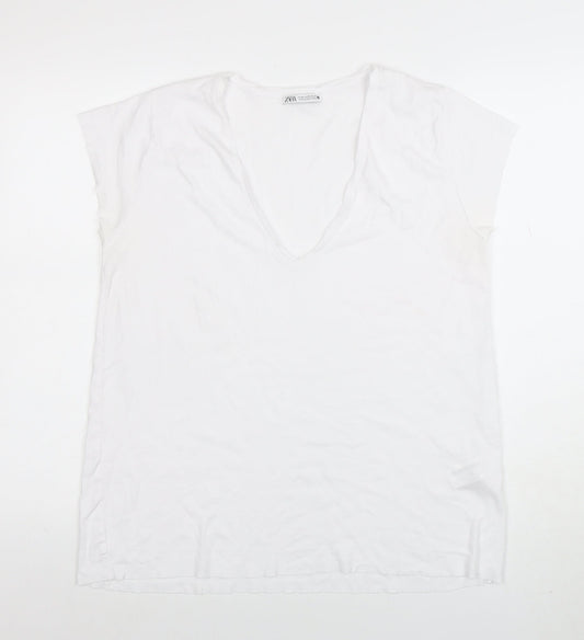 ZARA Women White Basic V-Neck Cotton T-Shirt Size XL