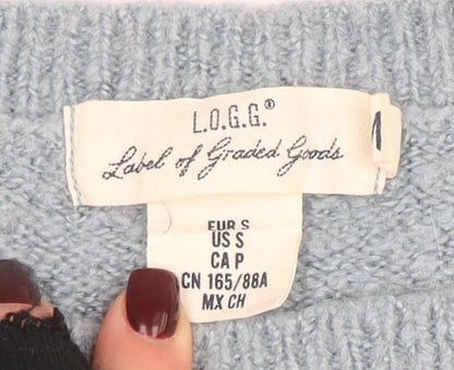 Brand and care label for L.O.G.G. Women Blue Crew Neck Knit jumper, size 8