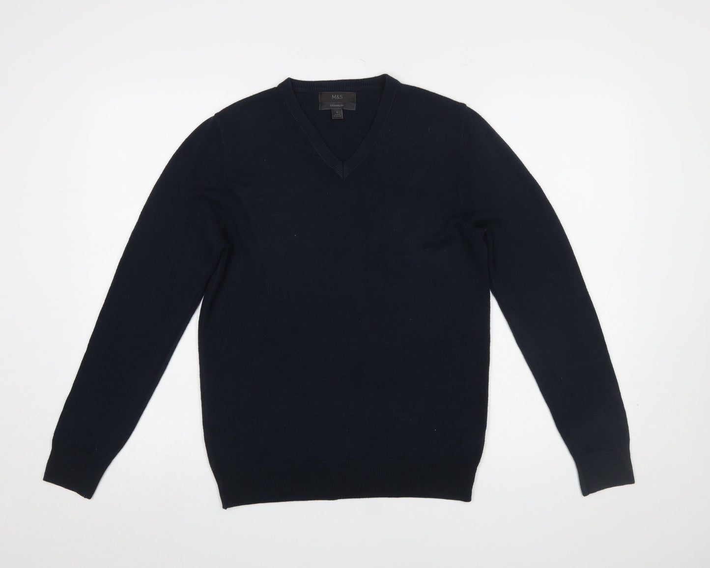 Marks and Spencer Men's Blue V-Neck Acrylic Jumper Size S