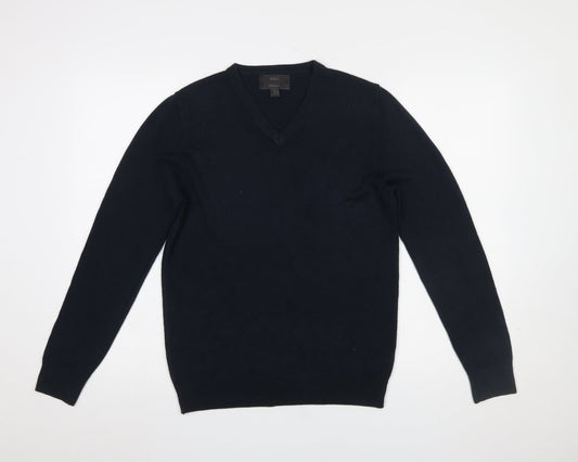 Marks and Spencer Men's Blue V-Neck Acrylic Jumper Size S