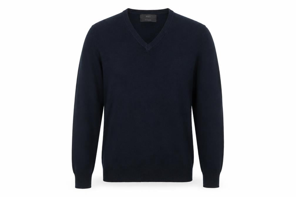 Marks and Spencer Men's Blue V-Neck Acrylic Jumper Size S