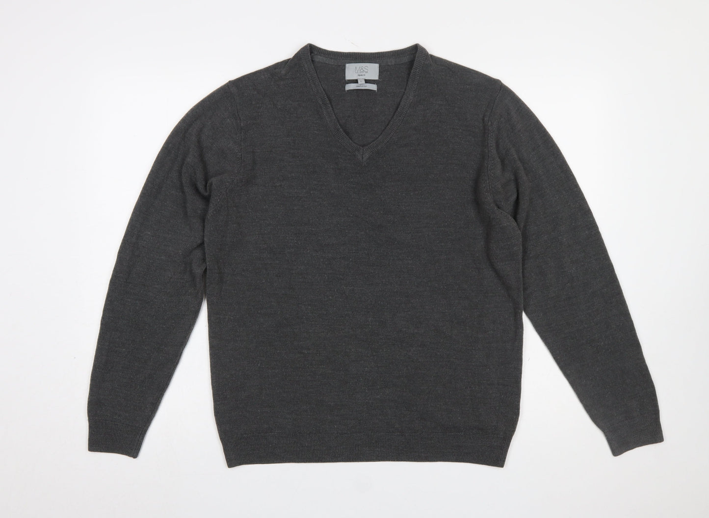 Marks and Spencer Men Grey V-Neck Acrylic Jumper Size L