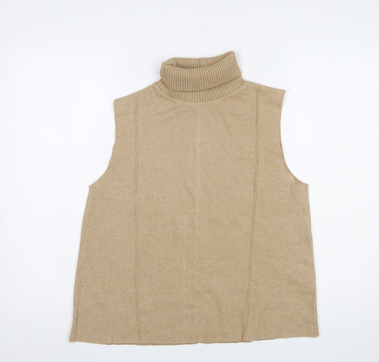 Zara Women Beige Roll Neck Sleeveless Knit Vest Jumper Size 14