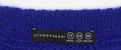 Brand and care label for Atmosphere Women's Blue Acrylic Knit Jumper, size 12