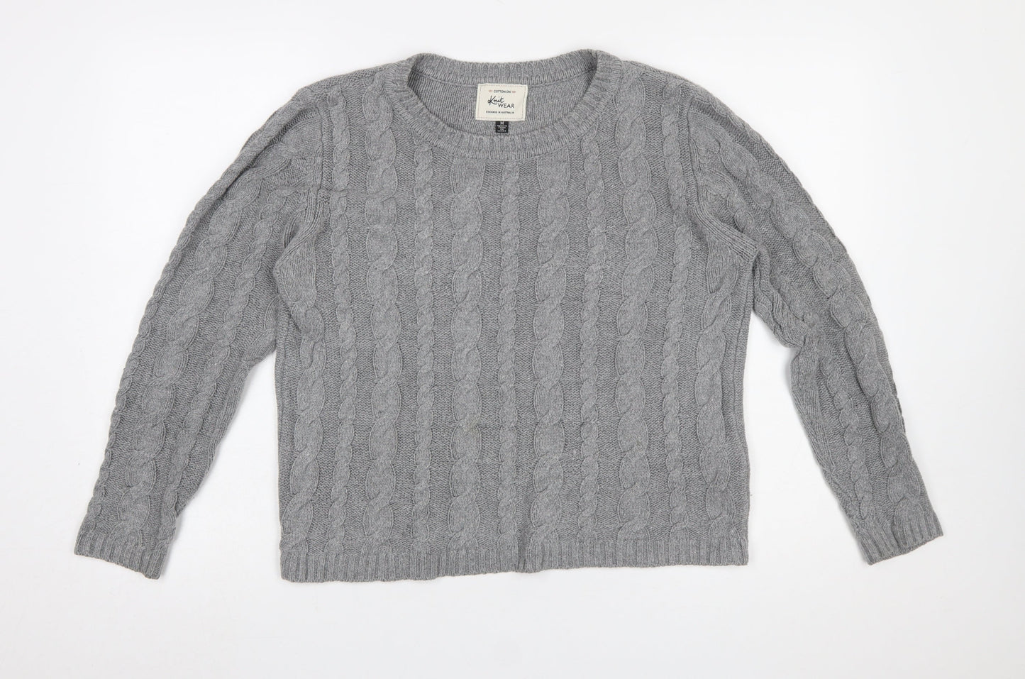 Cotton On Women's Grey Cable-Knit Jumper M Crew Neck Cotton Blend