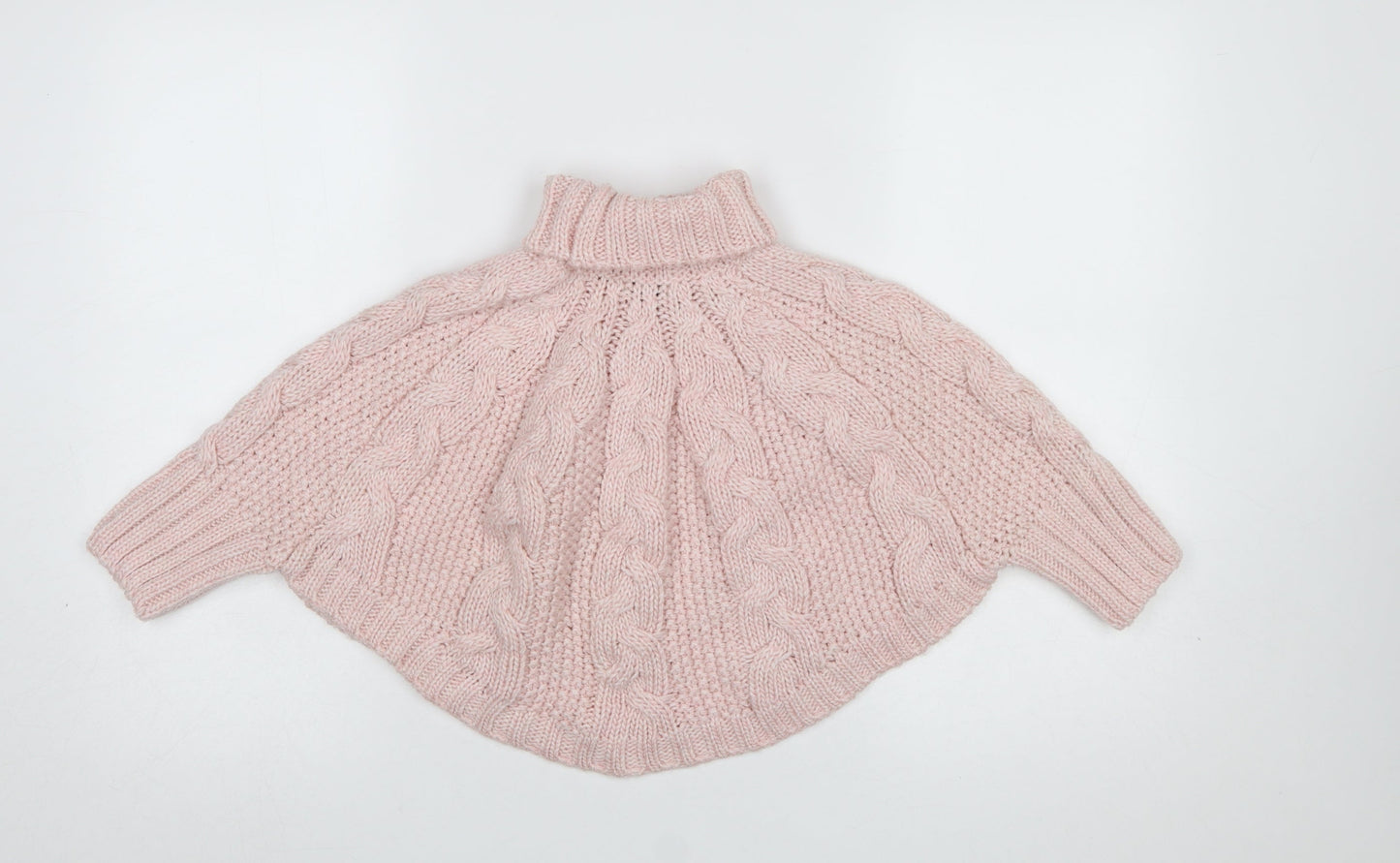 Next Girls Pink Cable Knit Roll Neck Cape Jumper 5-6 Years Acrylic Wool