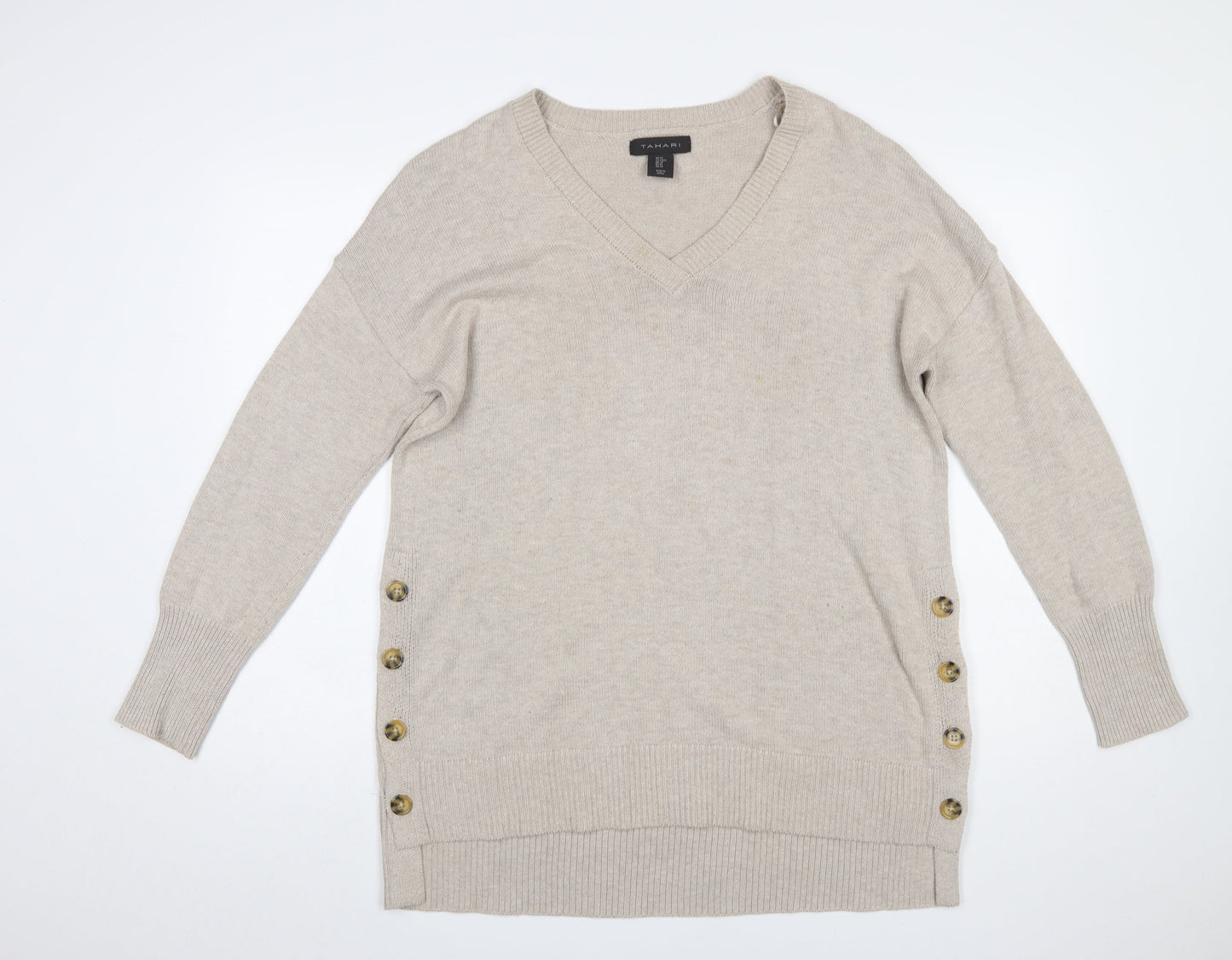 Tahari Women's Beige V-Neck Button Side Knit Jumper Size M