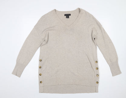 Tahari Women's Beige V-Neck Button Side Knit Jumper Size M