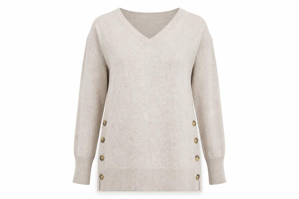 Tahari Women's Beige V-Neck Button Side Knit Jumper Size M