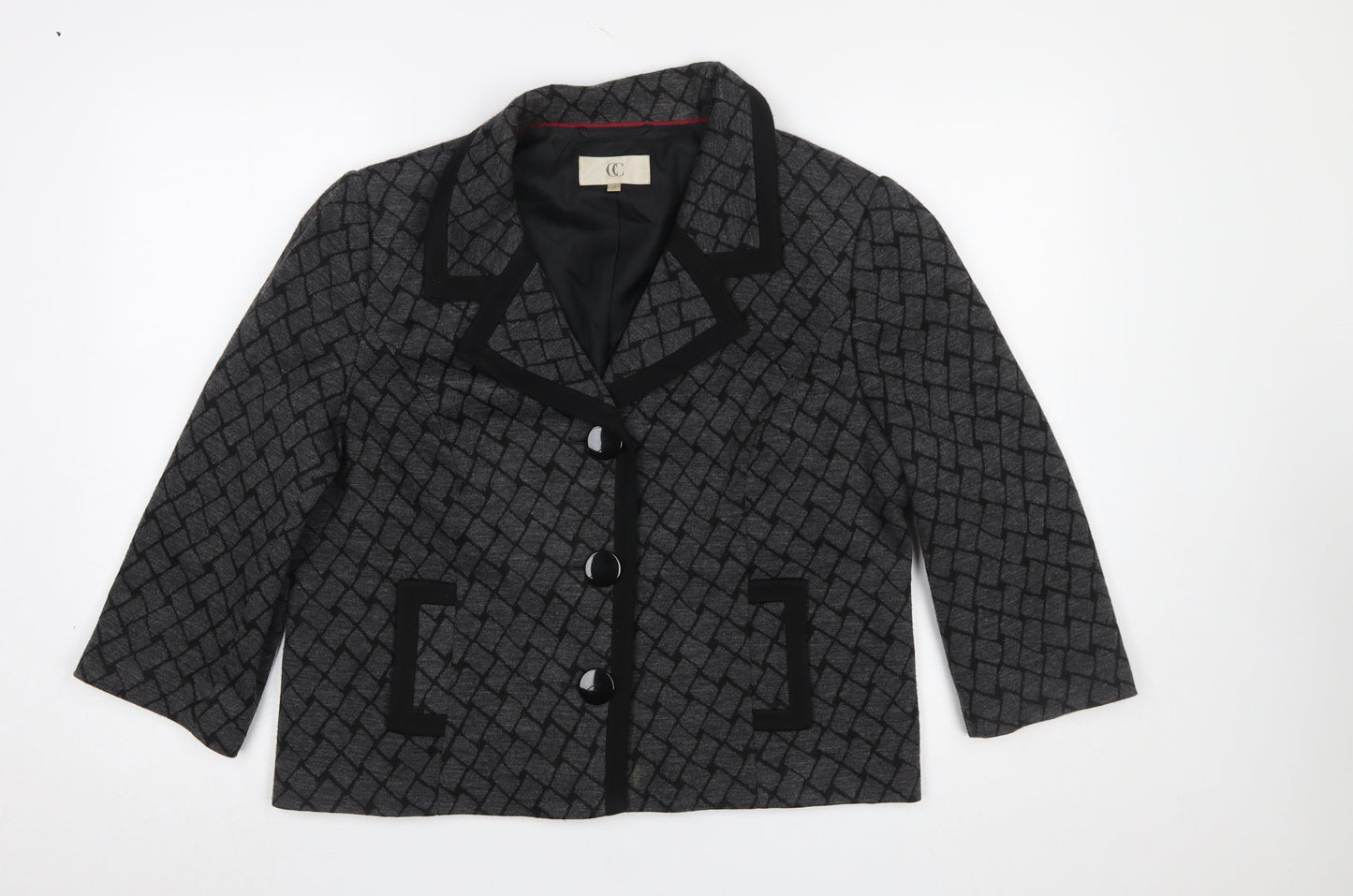 CC Women Grey Black Geometric Pattern Blazer Size 16 Lined Jacket